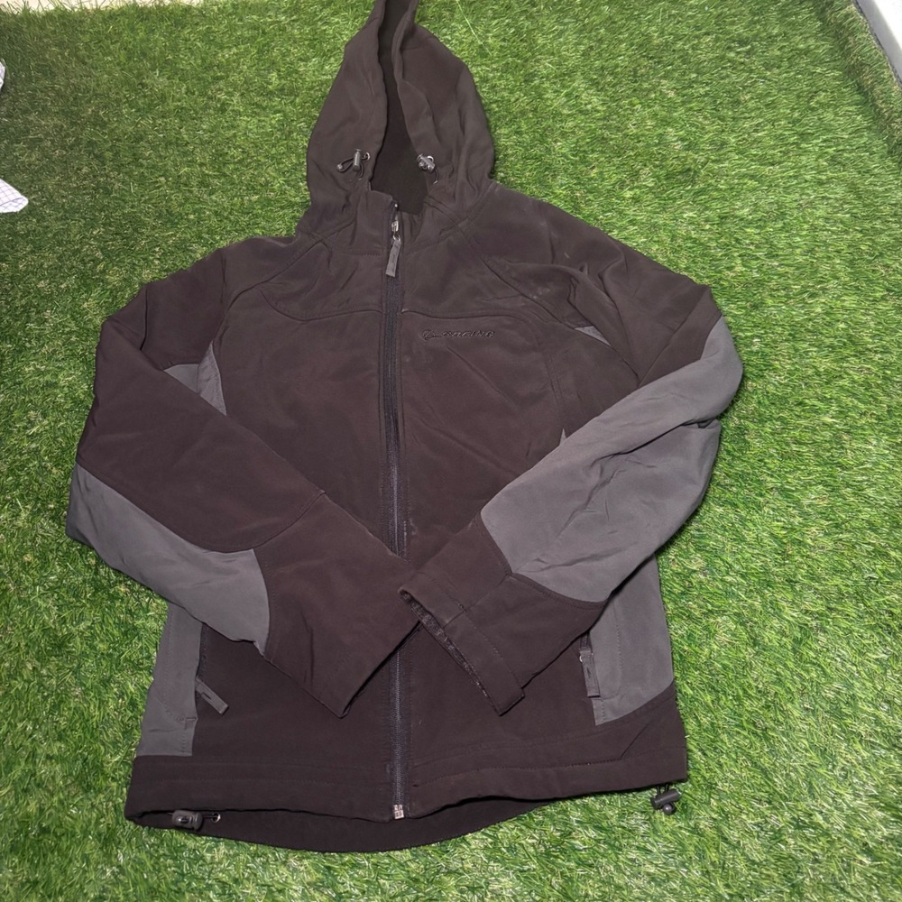 Boeing Mens Softshell Hooded Jacket Black Grey Fleece Lined Full Zip Medium